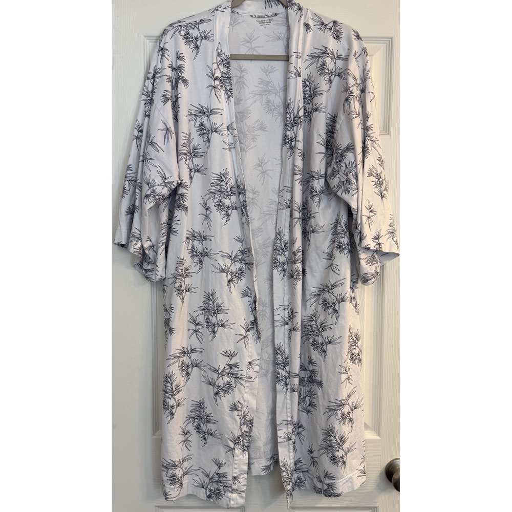 Garnet Hill Robe Green Cotton Women's M White Belted Japanese Floral Long Sleeve